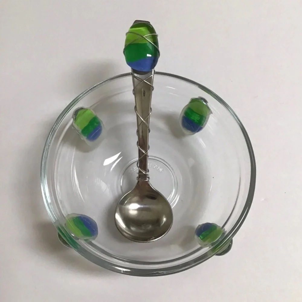 Art Glass Condiment Dish Blue Green Pebble Wire Wrapped Spoon Sea KIG Indonesia